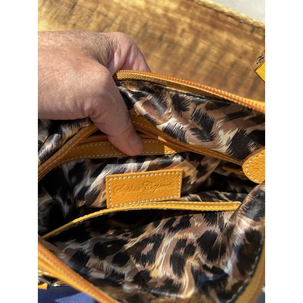 Sophia Caperelli Yellow Pebbled Leather Crossbody Bag Purse Multi Zipper Pockets